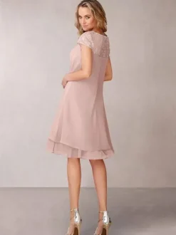 Robe de mère de mariée Robe de mariage d'invitée rose pale en chiffon col rond longueur genou