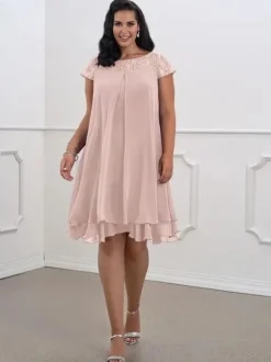 Robe de mère de mariée Robe de mariage d'invitée rose pale en chiffon col rond longueur genou