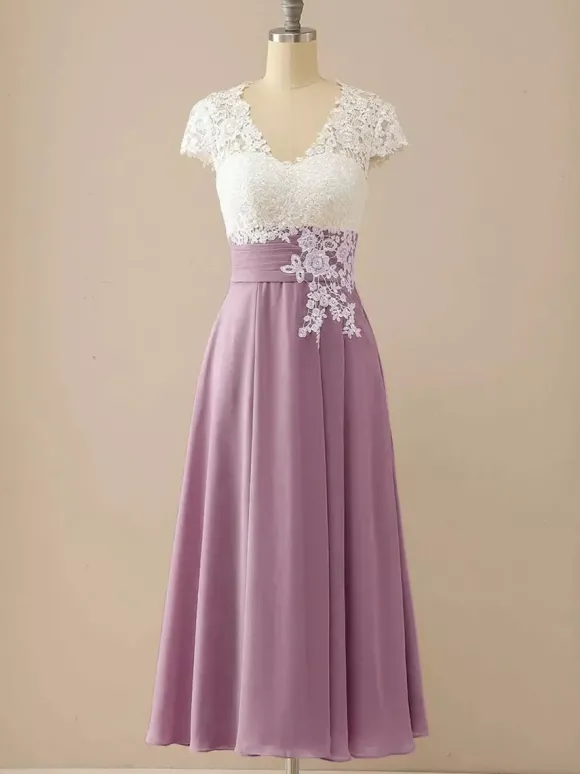 Robe de mère de mariée robe d'invitée mariage col v en dentelle jupe plissée