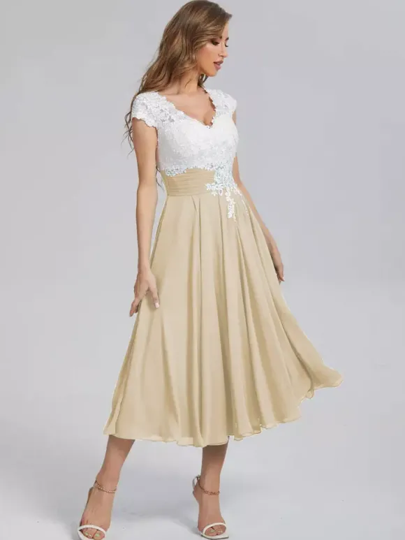 Robe de mère de mariée robe d'invitée mariage col v en dentelle jupe plissée
