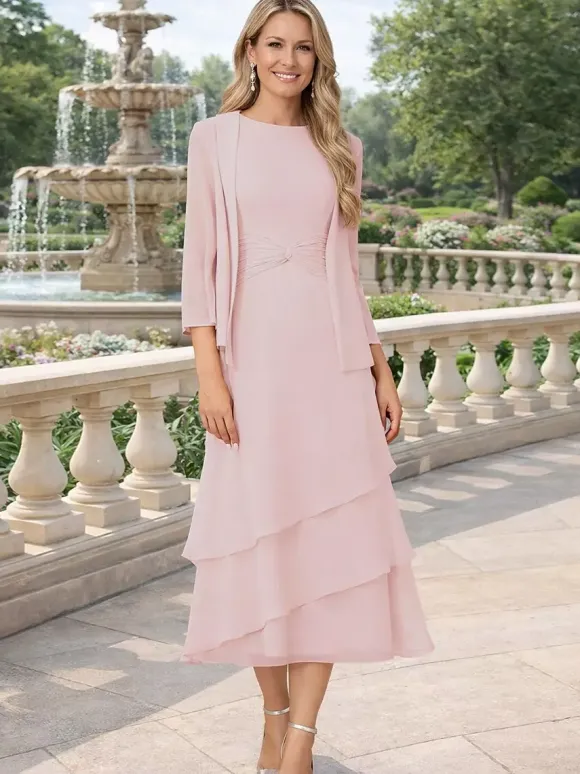 Robe de mère deux pièces col rond manches 3/4 robes plissées deux pièces pour invitée de mariage