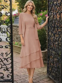 Robe de mère deux pièces col rond manches 3/4 robes plissées deux pièces pour invitée de mariage