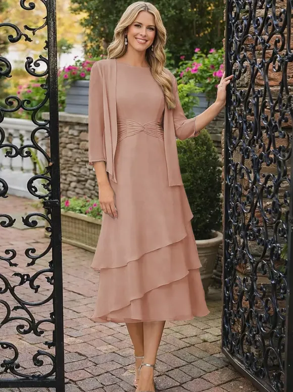 Robe de mère deux pièces col rond manches 3/4 robes plissées deux pièces pour invitée de mariage