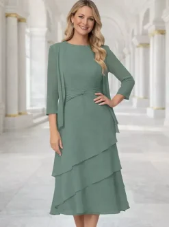 Robe de mère deux pièces col rond manches 3/4 robes plissées deux pièces pour invitée de mariage