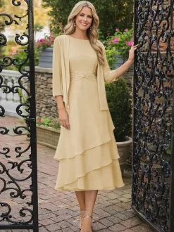 Robe de mère deux pièces col rond manches 3/4 robes plissées deux pièces pour invitée de mariage