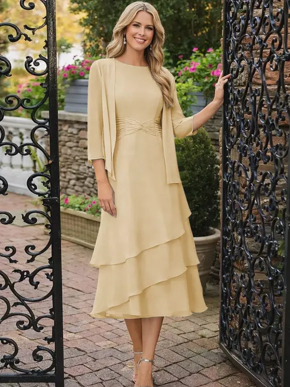 Robe de mère deux pièces col rond manches 3/4 robes plissées deux pièces pour invitée de mariage