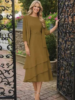Robe de mère deux pièces col rond manches 3/4 robes plissées deux pièces pour invitée de mariage