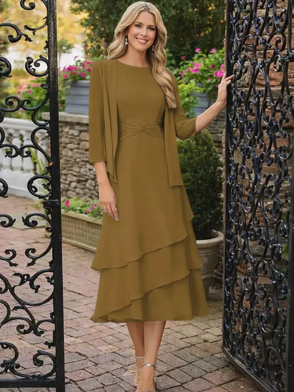 Robe de mère deux pièces col rond manches 3/4 robes plissées deux pièces pour invitée de mariage