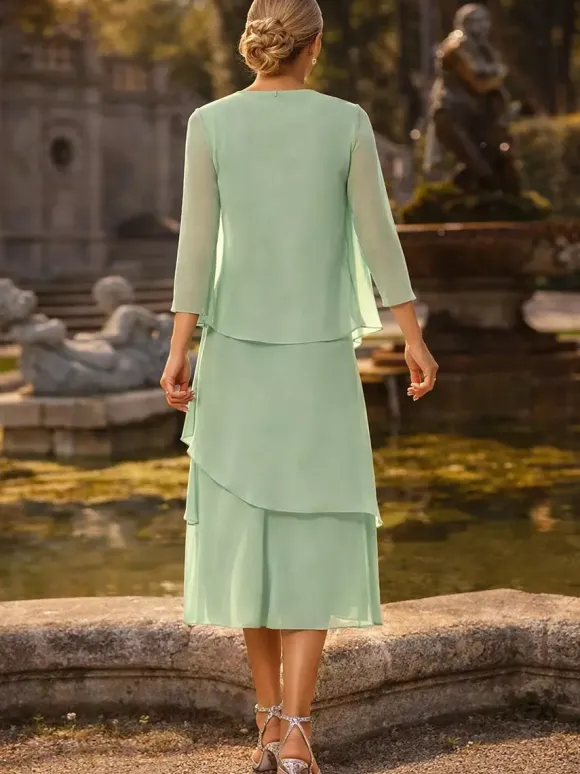 Robe de mère deux pièces col rond manches 3/4 robes plissées deux pièces pour invitée de mariage