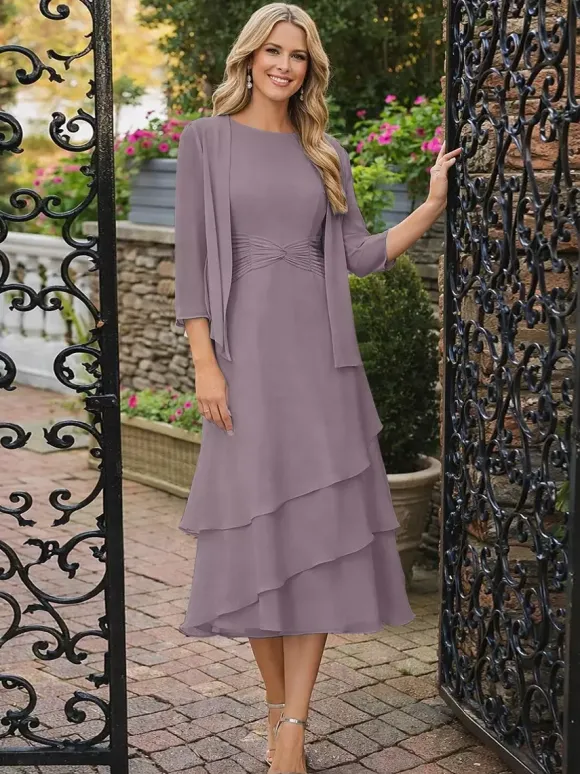 Robe de mère deux pièces col rond manches 3/4 robes plissées deux pièces pour invitée de mariage