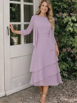 Robe de mère deux pièces col rond manches 3/4 robes plissées deux pièces pour invitée de mariage