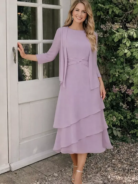 Robe de mère deux pièces col rond manches 3/4 robes plissées deux pièces pour invitée de mariage