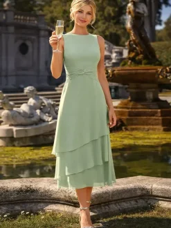 Robe de mère deux pièces col rond manches 3/4 robes plissées deux pièces pour invitée de mariage