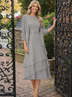 Robe de mère deux pièces col rond manches 3/4 robes plissées deux pièces pour invitée de mariage