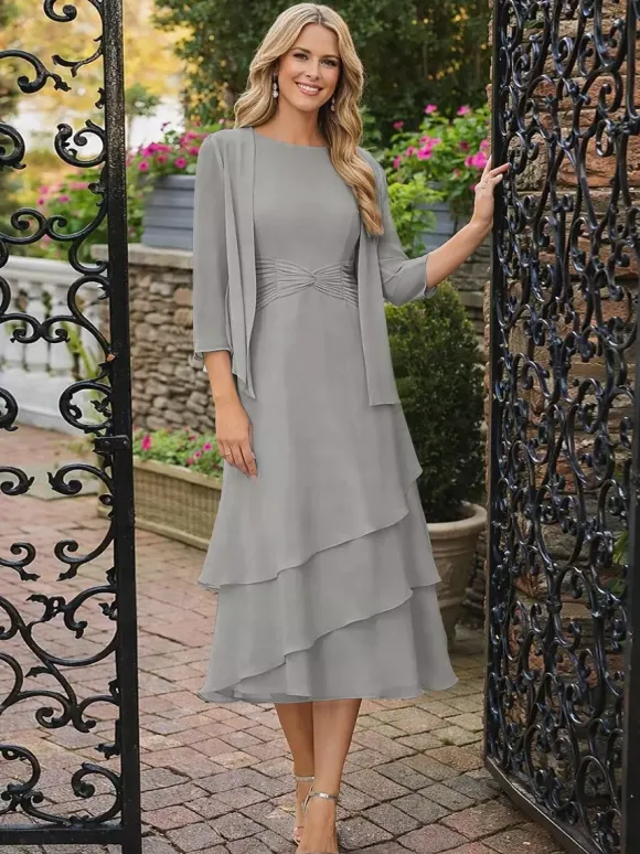 Robe de mère deux pièces col rond manches 3/4 robes plissées deux pièces pour invitée de mariage