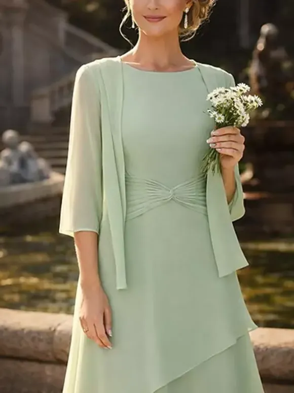 Robe de mère deux pièces col rond manches 3/4 robes plissées deux pièces pour invitée de mariage