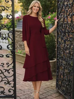 Robe de mère deux pièces col rond manches 3/4 robes plissées deux pièces pour invitée de mariage