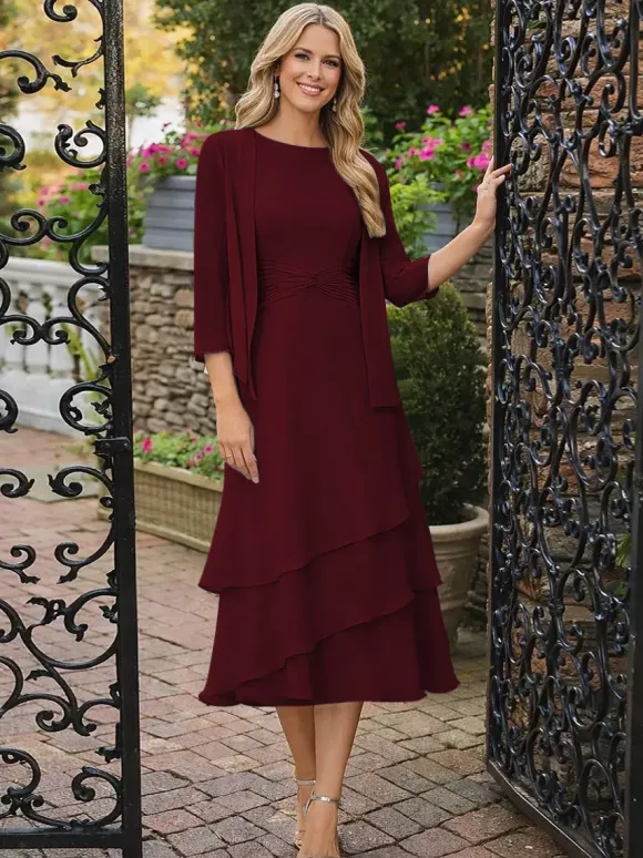Robe de mère deux pièces col rond manches 3/4 robes plissées deux pièces pour invitée de mariage