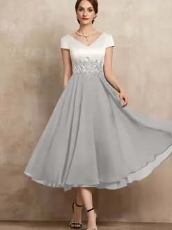 Robe de mère en dentelle col en v manches courtes ligne a longueur thé robes d'invitées pour mariage