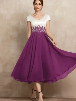 Robe de mère en dentelle col en v manches courtes ligne a longueur thé robes d'invitées pour mariage