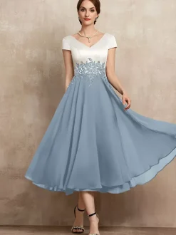 Robe de mère en dentelle col en v manches courtes ligne a longueur thé robes d'invitées pour mariage