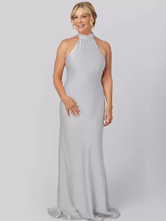 Robe de mère licou sans manches fourreau découpée longueur au sol robes d'invité pour mariage