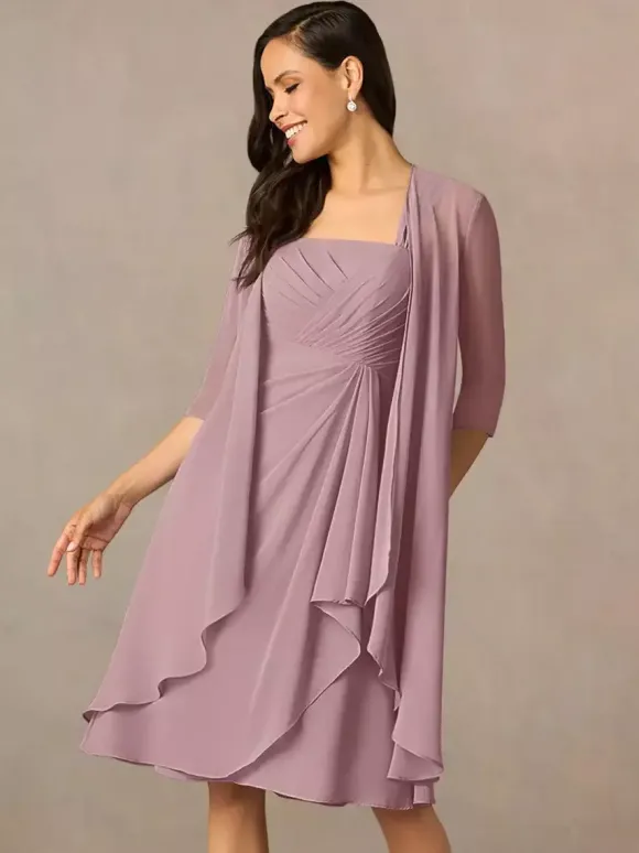 Robe de mère plissée col carré demi-manches deux pièces robes d'invitées pour mariage