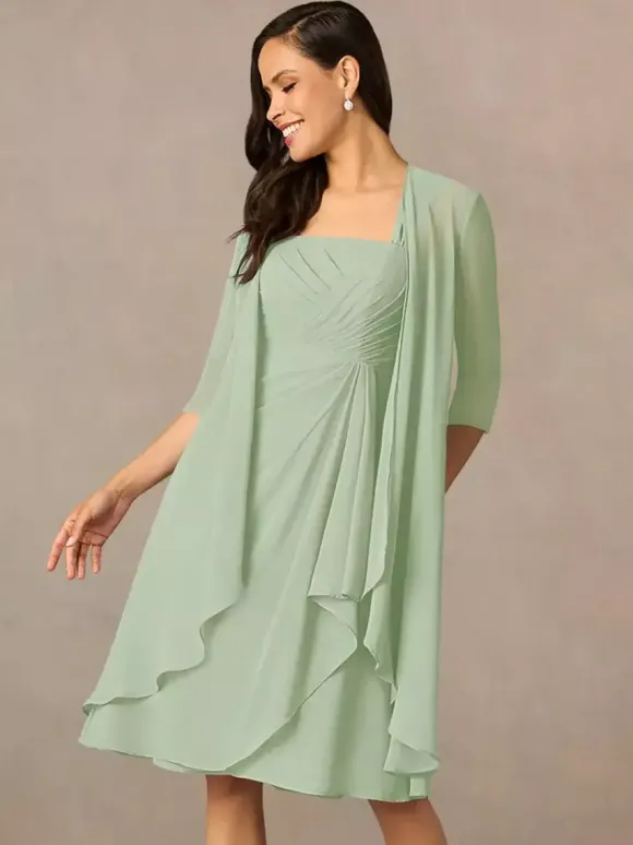 Robe de mère plissée col carré demi-manches deux pièces robes d'invitées pour mariage