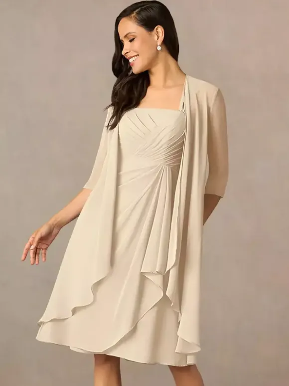Robe de mère plissée col carré demi-manches deux pièces robes d'invitées pour mariage