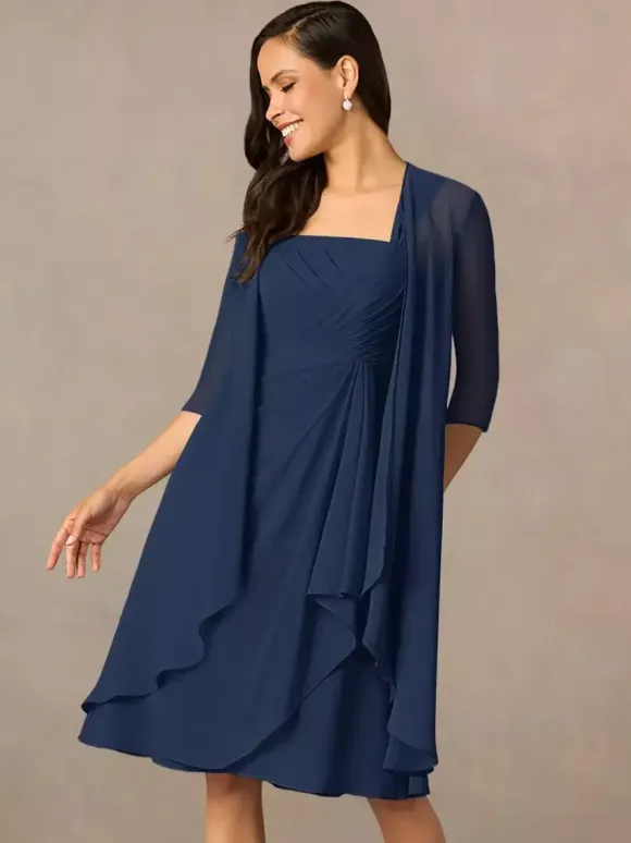 Robe de mère plissée col carré demi-manches deux pièces robes d'invitées pour mariage