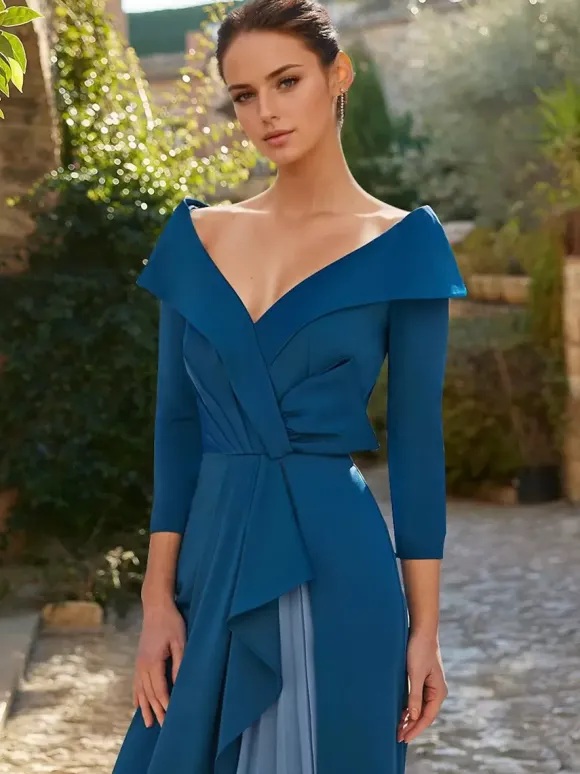 Robe de mère plissée col en v manches 3/4 ligne a robes d'invitées pour mariage