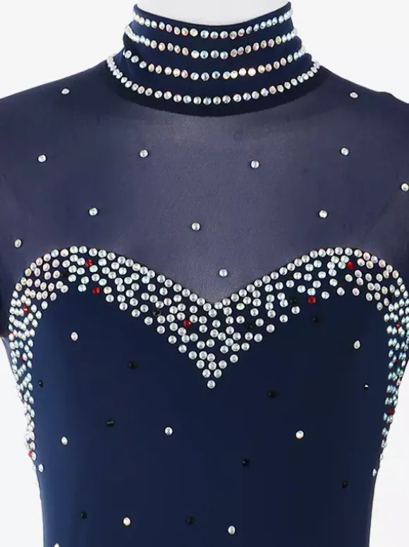 Robe de patinage artistique pour femmes haute élasticité manches longues maille crochet diamant robe de compétition de danse sur glace