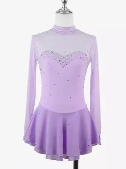 Robe de patinage artistique pour femmes haute élasticité manches longues maille crochet diamant robe de compétition de danse sur glace