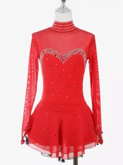 Robe de patinage artistique pour femmes haute élasticité manches longues maille crochet diamant robe de compétition de danse sur glace