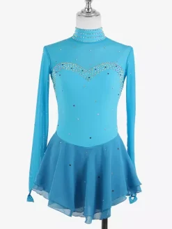 Robe de patinage artistique pour femmes haute élasticité manches longues maille crochet diamant robe de compétition de danse sur glace