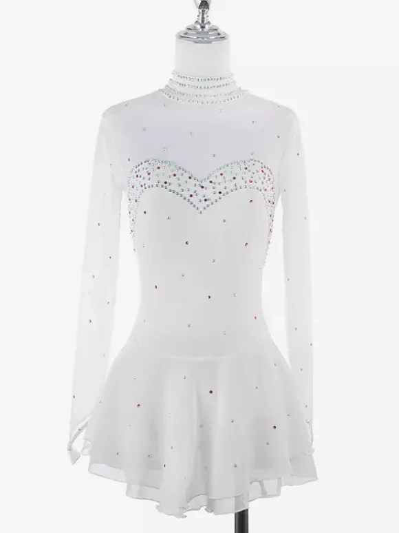 Robe de patinage artistique pour femmes haute élasticité manches longues maille crochet diamant robe de compétition de danse sur glace