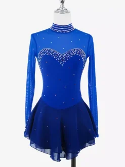 Robe de patinage artistique pour femmes haute élasticité manches longues maille crochet diamant robe de compétition de danse sur glace