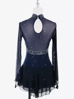 Robe de patinage artistique pour femmes haute élasticité manches longues maille crochet diamant robe de compétition de danse sur glace