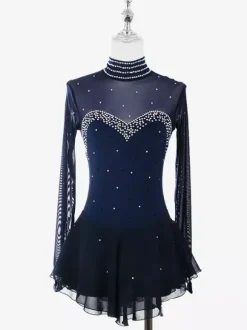 Robe de patinage artistique pour femmes haute élasticité manches longues maille crochet diamant robe de compétition de danse sur glace