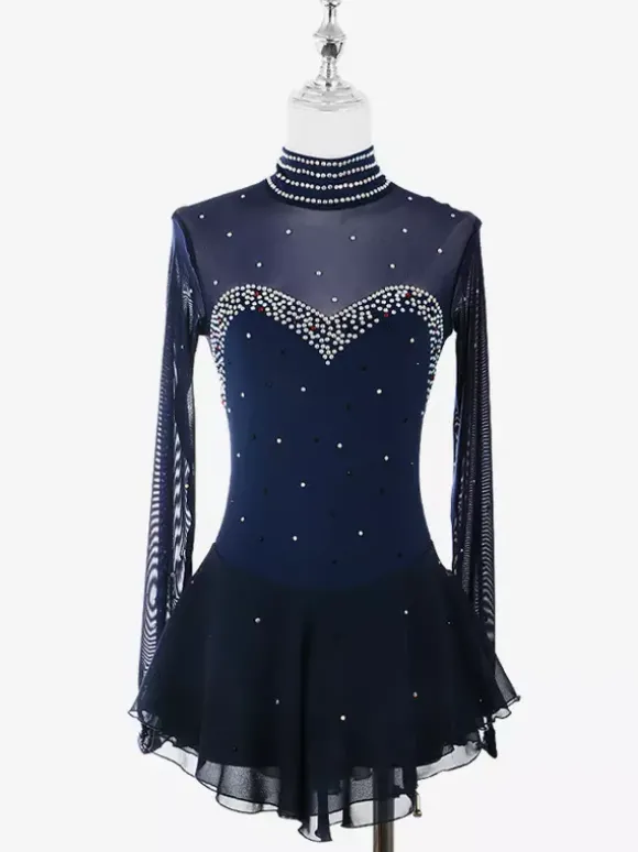 Robe de patinage artistique pour femmes haute élasticité manches longues maille crochet diamant robe de compétition de danse sur glace