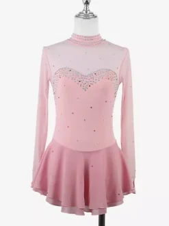 Robe de patinage artistique pour femmes haute élasticité manches longues maille crochet diamant robe de compétition de danse sur glace