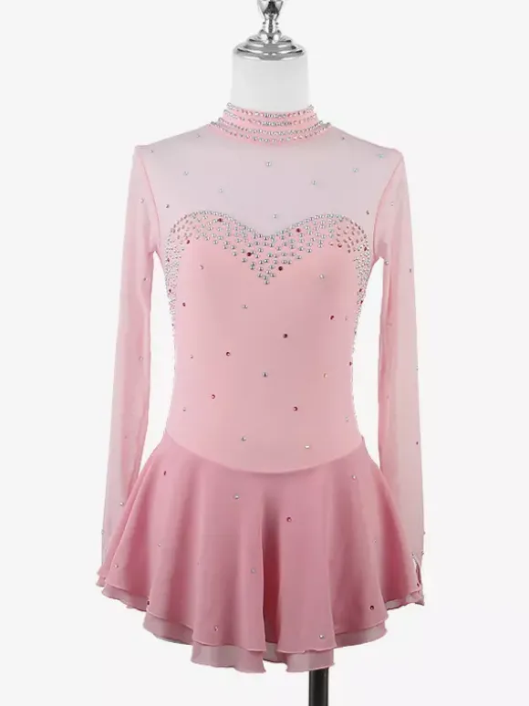 Robe de patinage artistique pour femmes haute élasticité manches longues maille crochet diamant robe de compétition de danse sur glace