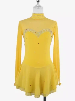 Robe de patinage artistique pour femmes haute élasticité manches longues maille crochet diamant robe de compétition de danse sur glace