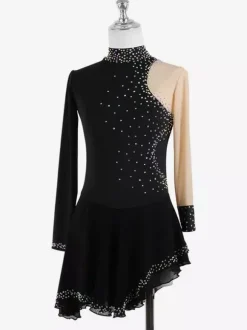 Robe de patinage noire élégante à manches longues en maille ornée de perles et de strass. Costumes de patinage.