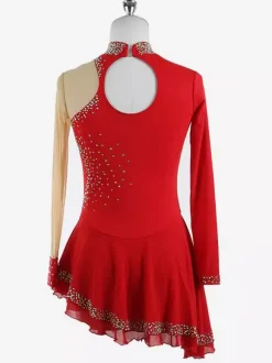 Robe de patinage noire élégante à manches longues en maille ornée de perles et de strass. Costumes de patinage.