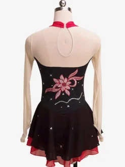 Robe De Patinage Perles Floral Rouge À Volants Lycra Spandex Costumes De Danse Déguisements Halloween
