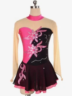 Robe De Patinage Perles Floral Rouge À Volants Lycra Spandex Costumes De Danse Déguisements Halloween