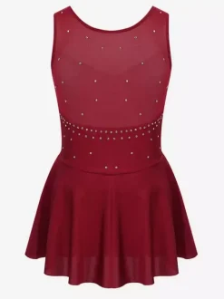 Robe de patinage pour femmes et filles en polyester turquoise sans manches ornée de strass. Costumes de danse et de patinage.