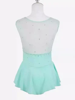 Robe de patinage pour femmes et filles en polyester turquoise sans manches ornée de strass. Costumes de danse et de patinage.