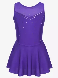 Robe de patinage pour femmes et filles en polyester turquoise sans manches ornée de strass. Costumes de danse et de patinage.